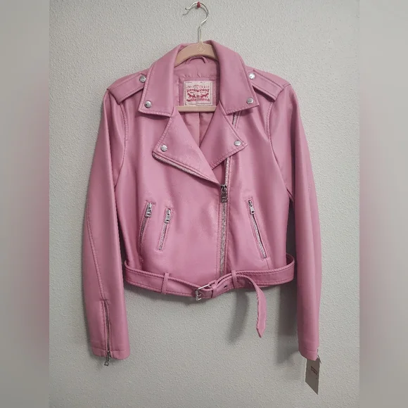 Levi Pink Faux Leather Belted Moto Jacket